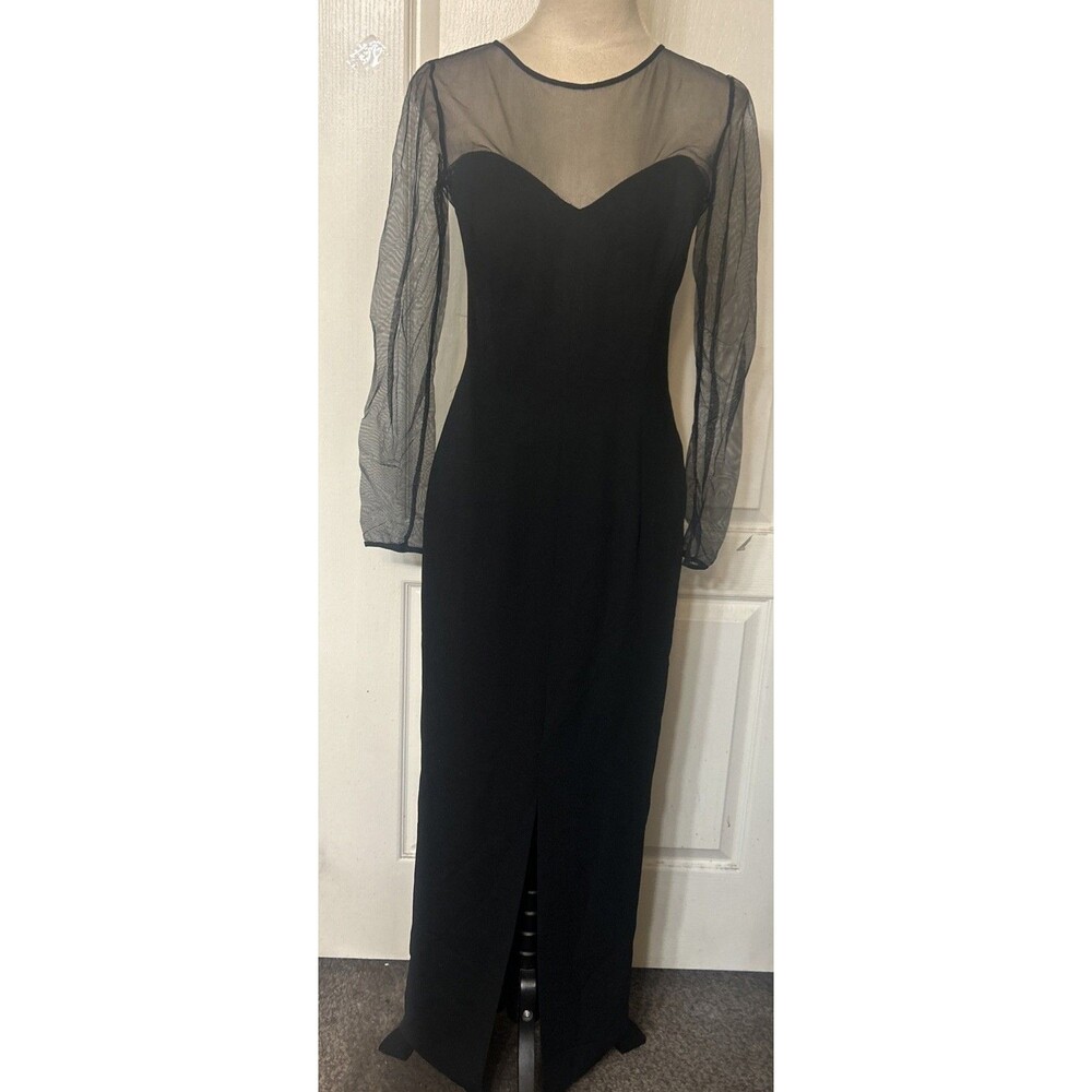 VTG  Theomiles  Sz 8 Black Formal Maxi Sheer  Sweetheart Front Slit Dress USA